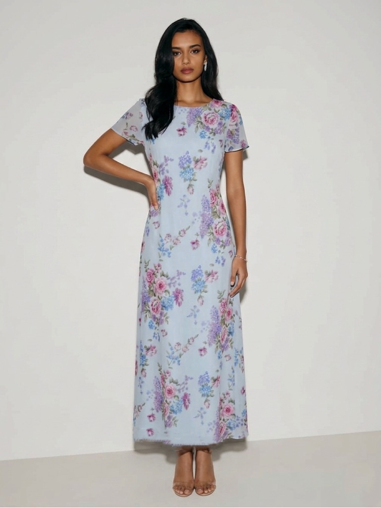 Vintage Mary Mcfadden Blue Floral Midi Dress Size 6 1990’s